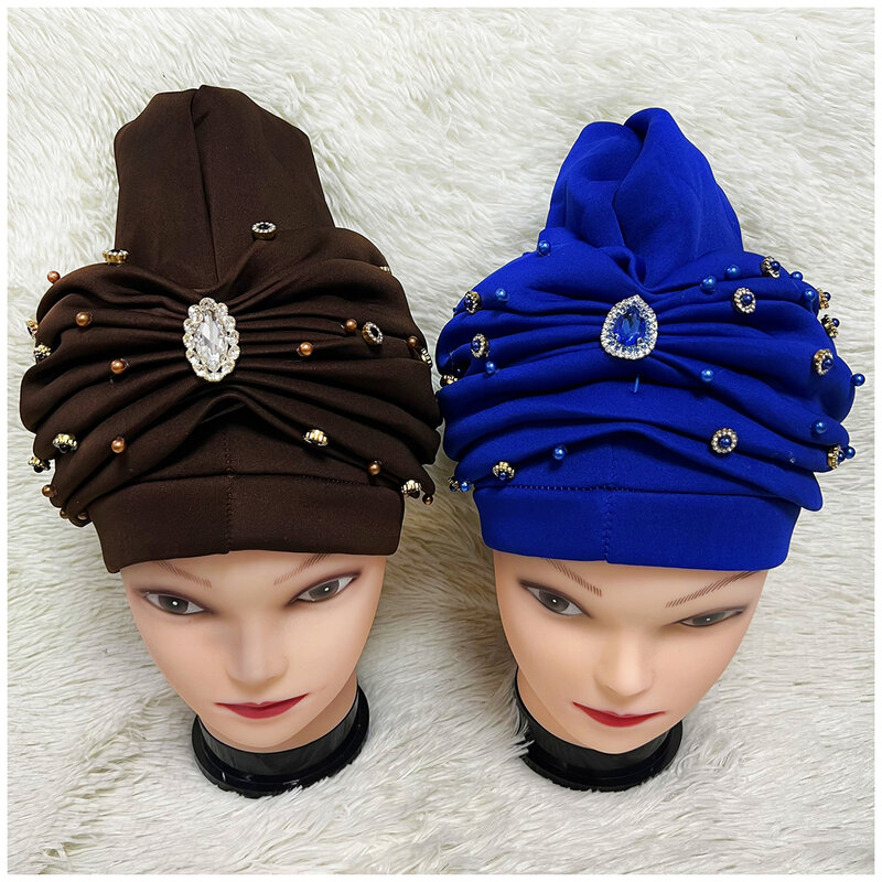 Grosir Order Fashion Twisted Turban Hats wanita topi manik-manik untuk India topi syal ikat kepala gadis aksesoris rambut wanita