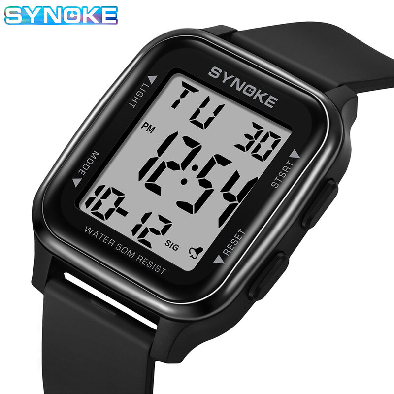 Synoke-ساعة رياضية رقمية للرجال ، مقاوم للماء ، متعدد الوظائف ، شاشة led ، شاشة كبيرة ، للطلاب