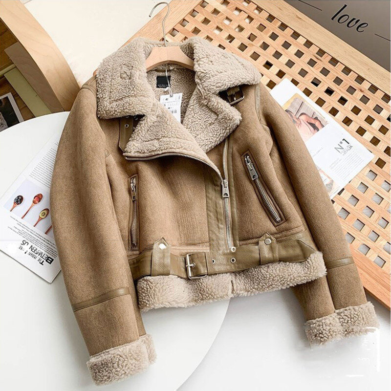 Winter New Women Thick Warm Vintage Suede Lambswool Biker Jackets Coat Chic Sashes Casual Loose Faux Leather Outwear Tops Female