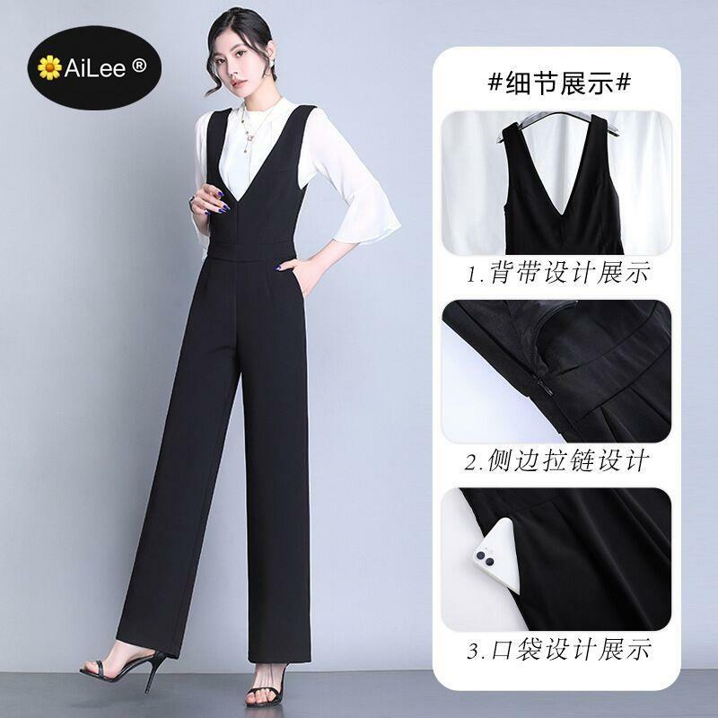 Women Jumpsuit Summer Fashion V Neck Sleeveless Lapel Solid Black Office Lady Lace Up Loose Wide Legs Romper High Streetwear