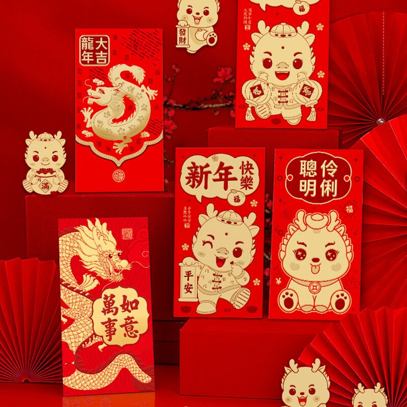 6 szt. Chiński nowy rok szczęśliwy czerwona koperta smok prezent koperta smok rok 2024 pieniądze kieszeń ładna koperta