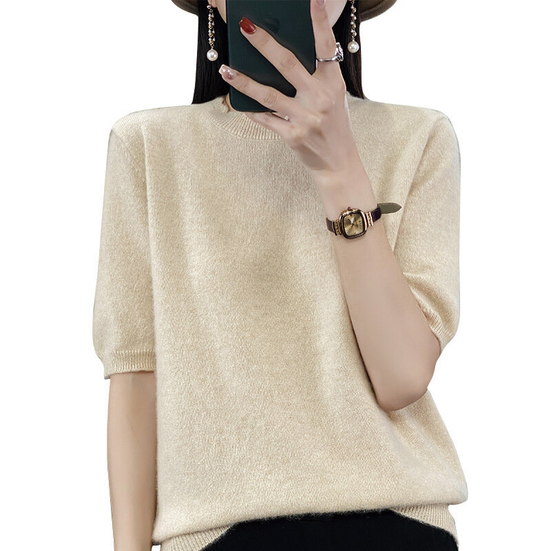 Camisola de malha de caxemira feminina, meia manga curta, lã merino, tops com gola simulada, pulôver, malhas, 100% pura, moda