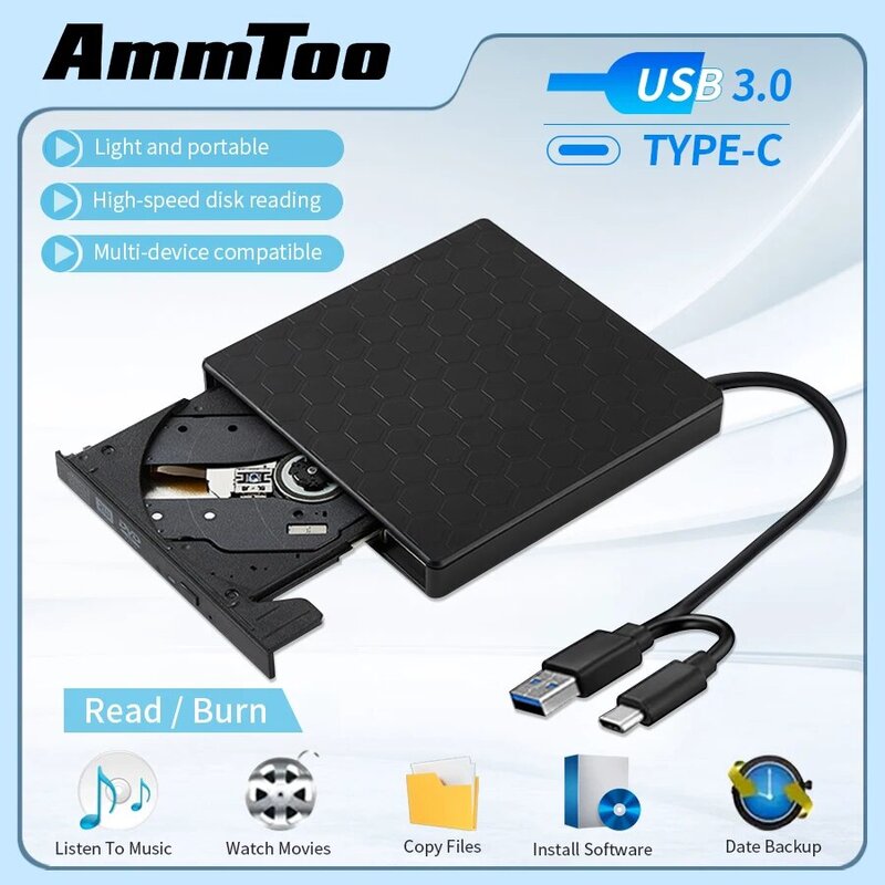 AMMTOO DVD Drive eksternal portabel, DVD Drive eksternal USB 3.0 portabel +/-RW untuk CD ROM Burner kompatibel dengan Laptop Desktop PC Windows