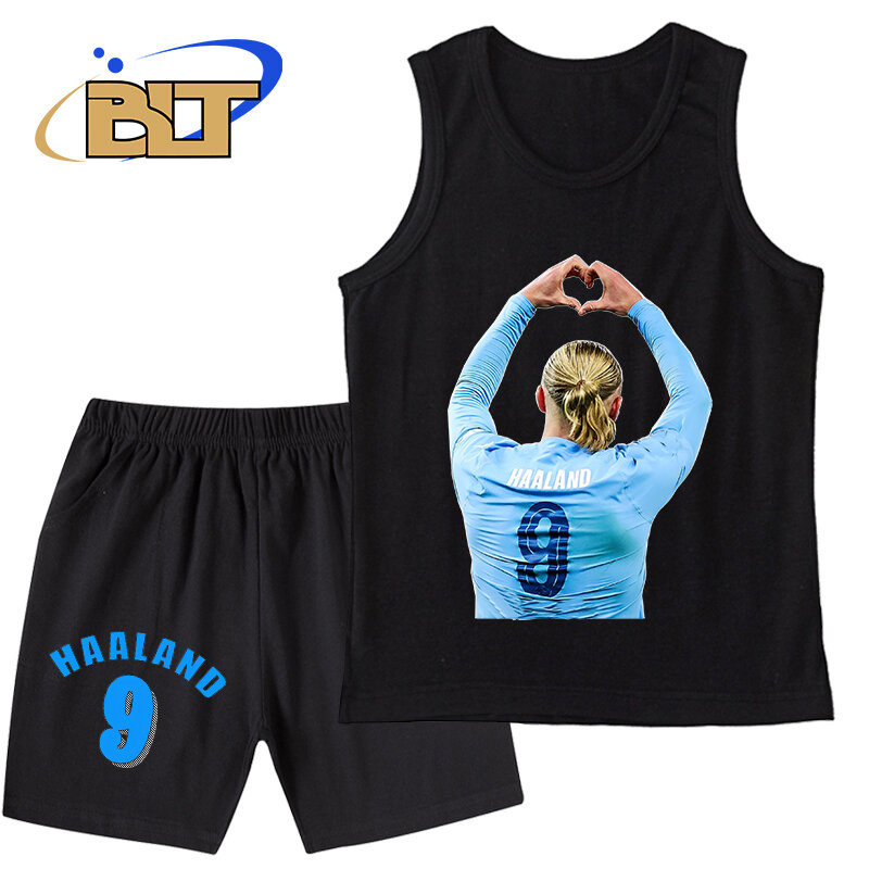 Haaland avatar printed children's clothing summer boys vest suit black sports top shorts 2-piece set