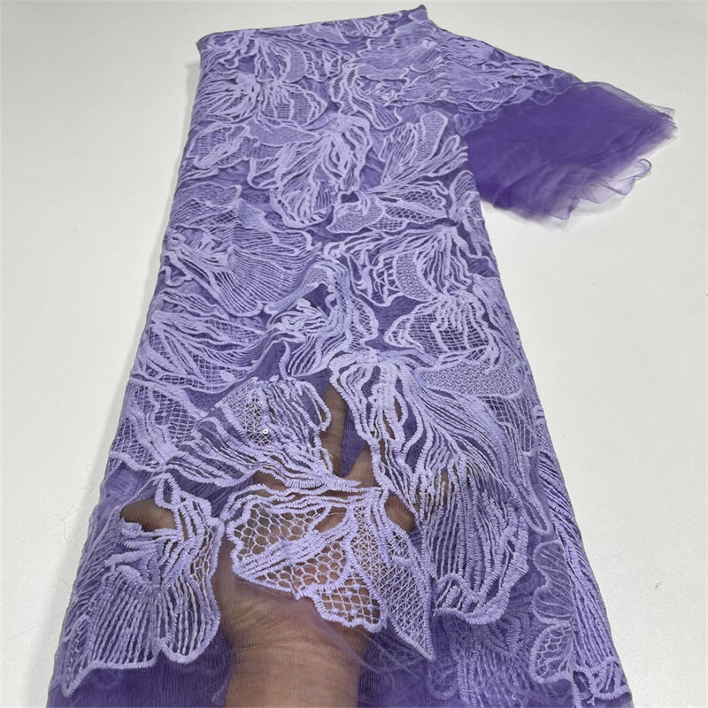 Tela de encaje 3D con lentejuelas bordadas, tela nigeriana africana para coser, tul de encaje de red francesa, 5 yardas, Dubai, lujo, 2024