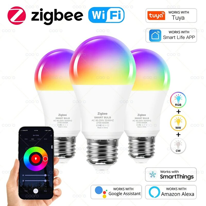 Tuya-E27 bombilla Led, lámpara RGB, CW, WW, Zigbee, funciona con Alexa, Amazon, Google Home, SmartThings para decoración de vida inteligente