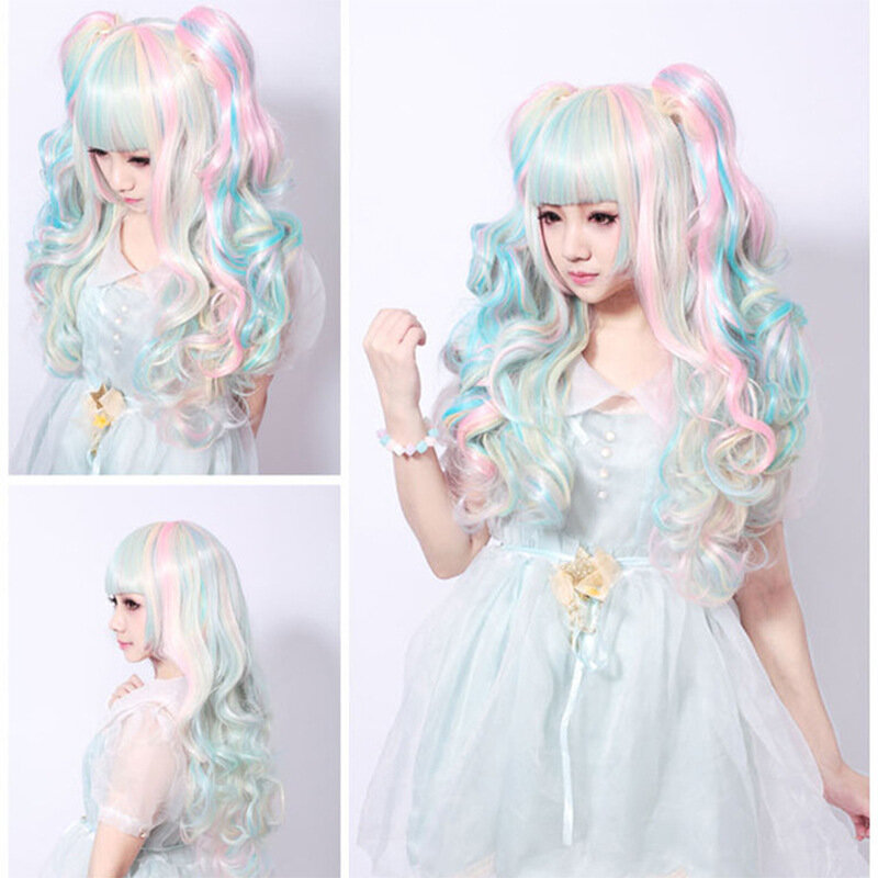 MapofBeauty Multi-color Lolita Long Curly Clip on synthetic Ponytails Cosplay Wig (Pink/Blonde)