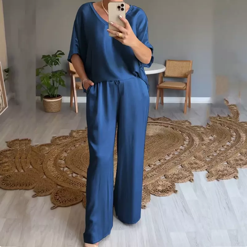 Vintage Solid Color Loose Outfits Casual Thin Silk Comfortable Suit Spring Summer V Neck Short Sleeved Top and Long Pants Suit