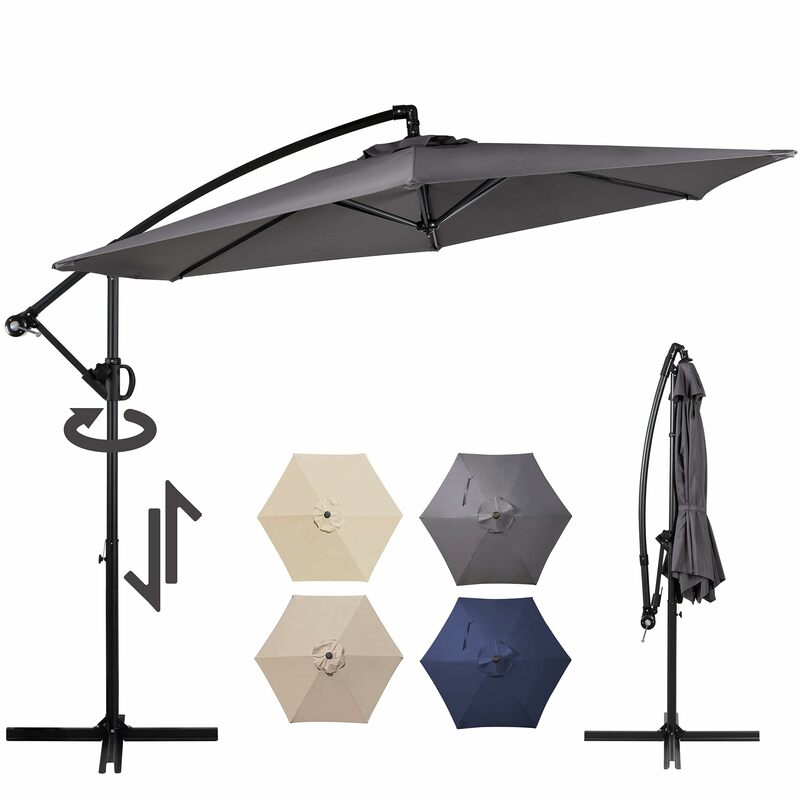 Parapluie extérieur en porte-à-faux avec inclinaison facile, résistant à la rotation à 360 °, gris foncé rotatif