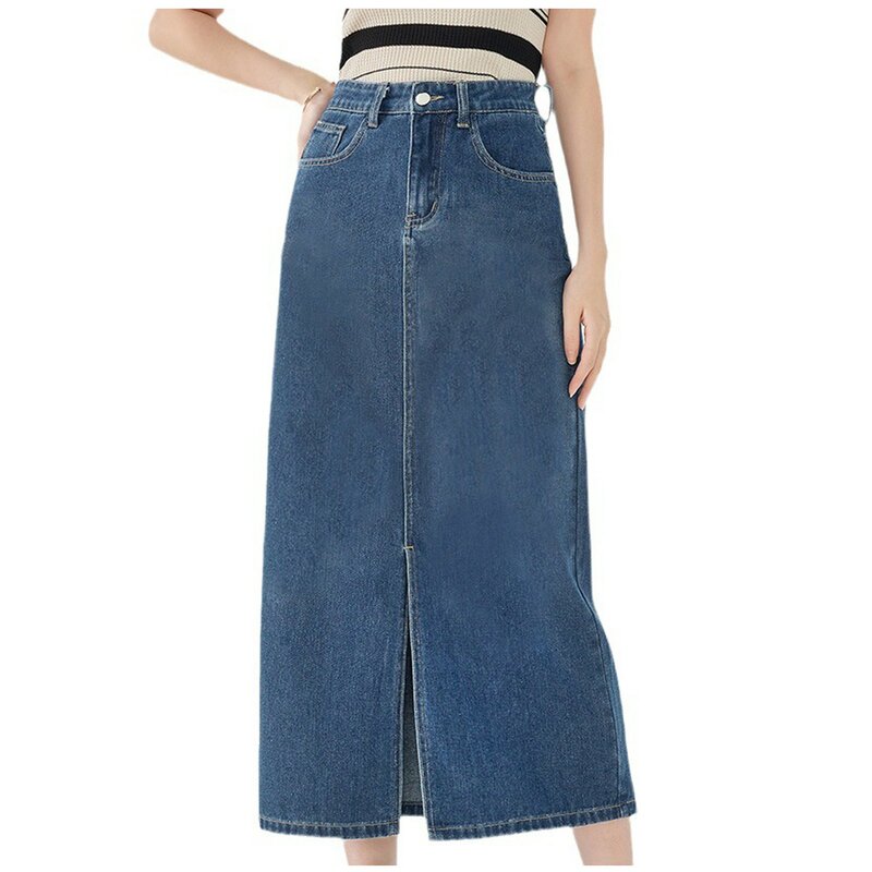 Women's Fashionable Casual Solid Color Washed Denim Sophisticated Multi-Pocket Fashion-Forward And Eye-Catching Midi Skirt