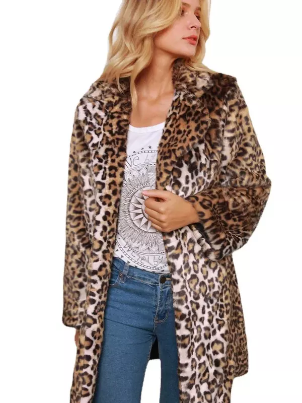 Casaco longo de pele sintética quente feminino, leopardo, salsicha, jaquetas fofas grossas, casacos de luxo, lazer, inverno, 2024