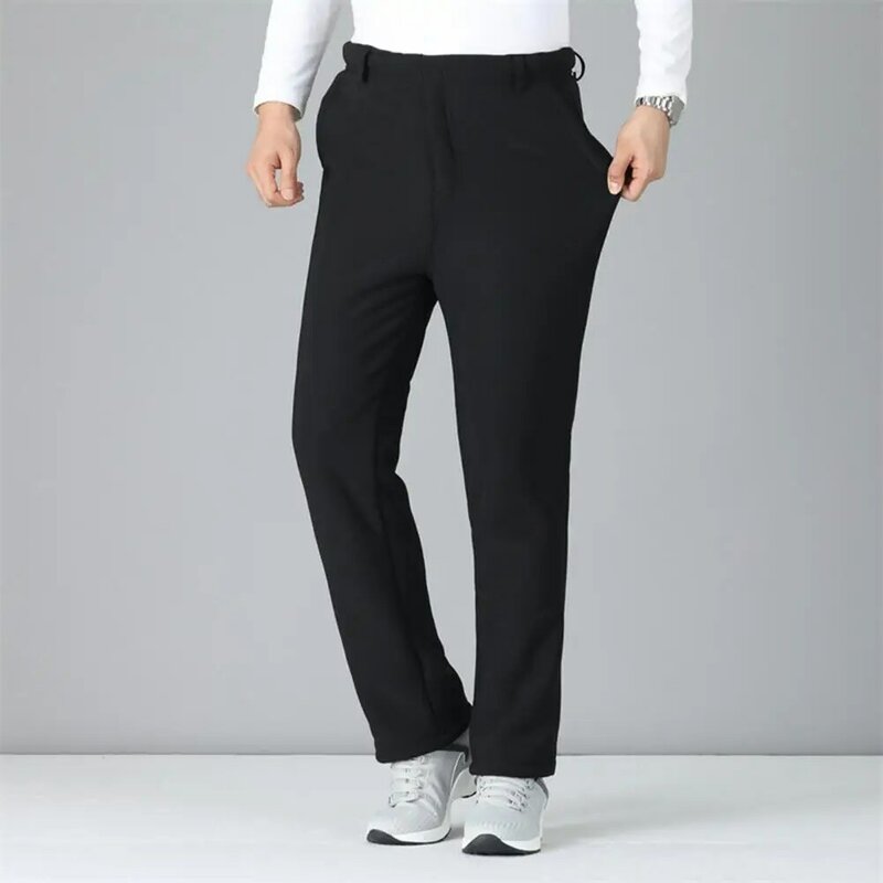 Pantalon d'hiver monochromatique pour homme, pantalon doublé de sourire, poches taille haute élastiques, pantalon épaissi pour homme d'âge moyen