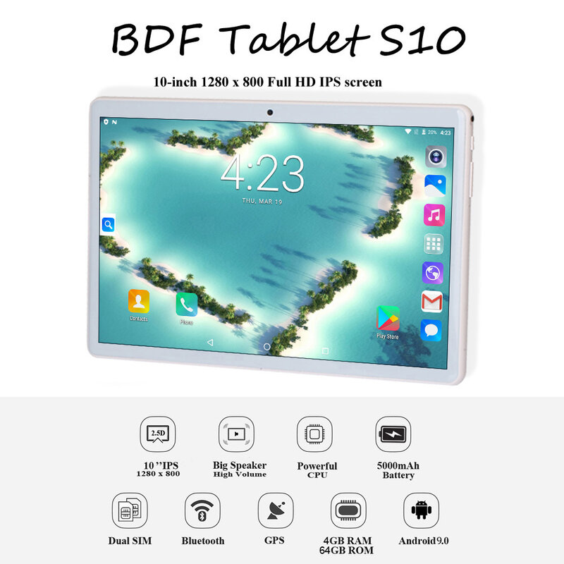 BDF 10.1 인치 태블릿 Pc, 새로운 안드로이드 9.0 태블릿, 3G/4G 전화 통화, 옥타 코어 4GB/64GB ROM, 블루투스, 와이파이 2.5D 스틸 스크린 태블릿