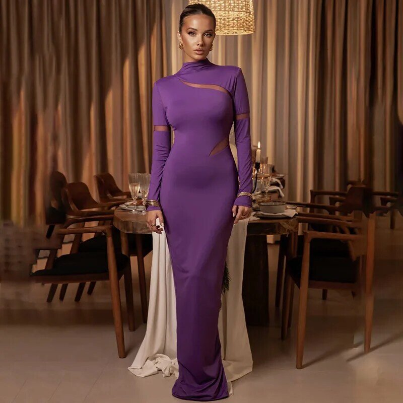 Retro Slim Fitting Knee Length Party Dress Sexy Mesh Patchwork Long Sleeved Prom Gown Solid Color High Neck Slit Evening Robes