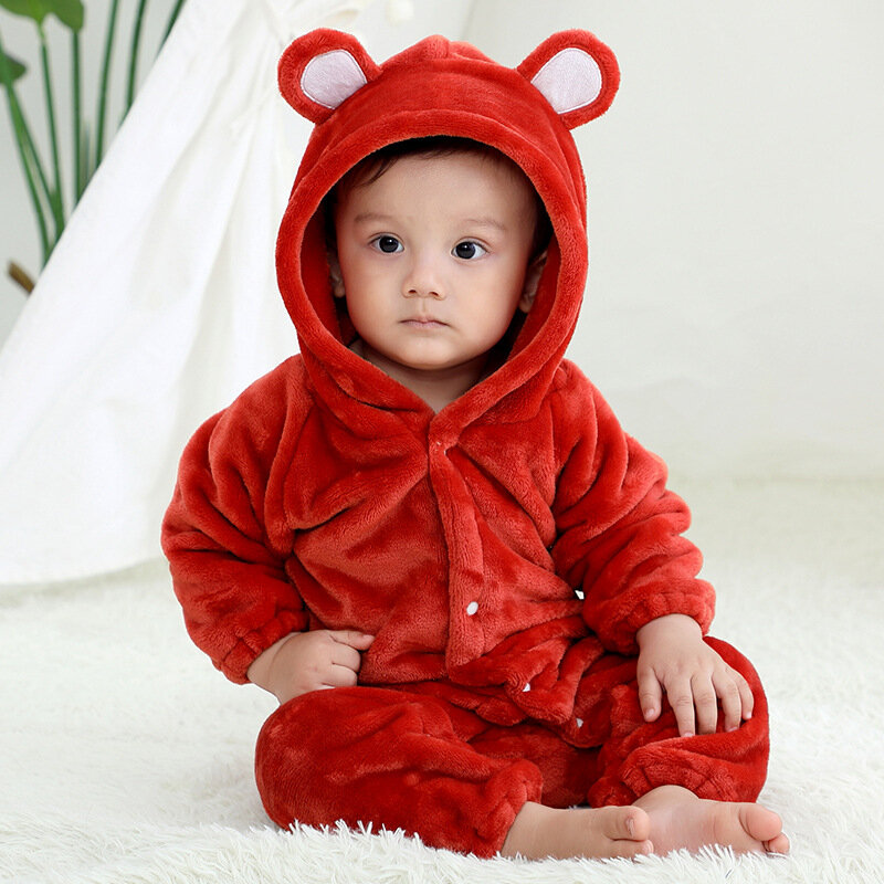 Dziecko Baby jednoczęściowa piżama piżama Cute Cartoon z kapturem flanelowe kombinezony piżama jesienna zima pogrubiona ciepła odzież domowa