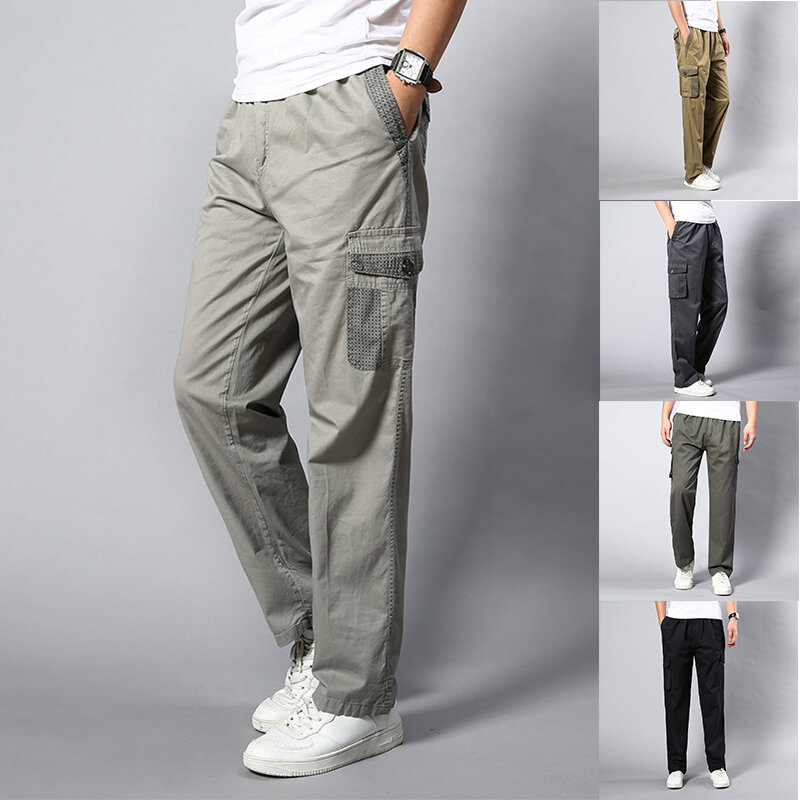 Calça de algodão solta de bolso múltiplo masculina, calça de trabalho versátil para esporte e lazer, nova moda comercial, 9 minutos, verão
