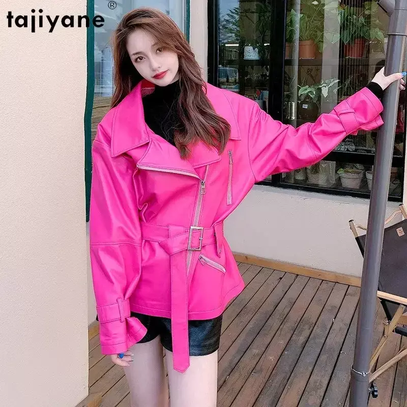 Женская кожаная куртка Tajiyane, свободная байкерская куртка из натуральной овечьей кожи, уличная одежда, 2023