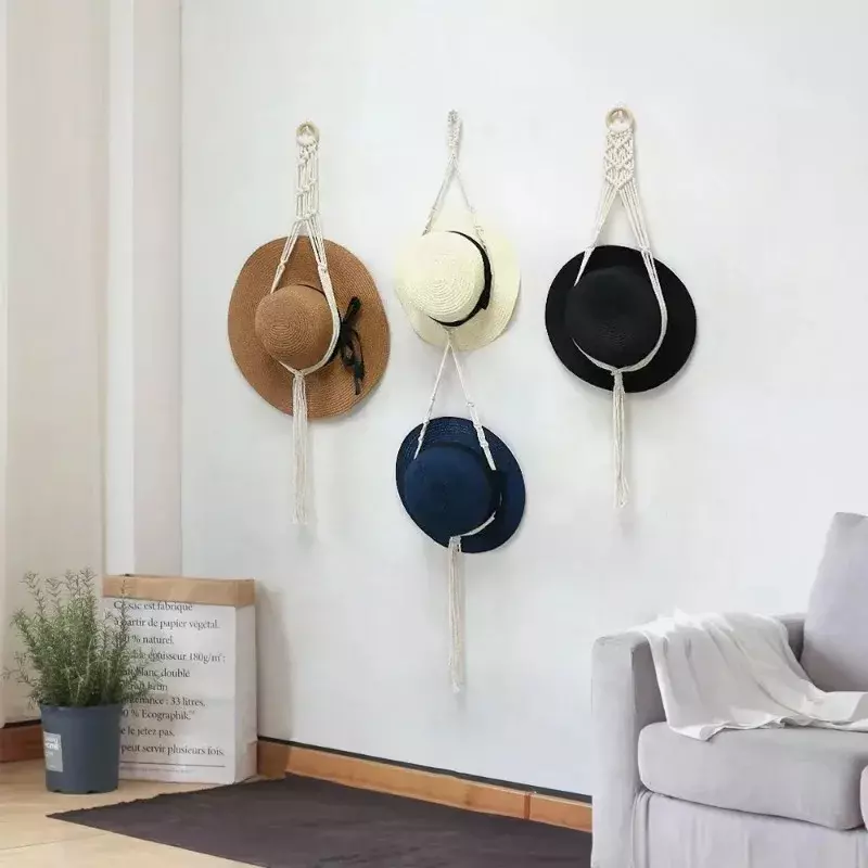 Nordic Style Boho Cotton Hanging Caps Holder Organizer Display Hat Scarf Organizer Rack Macrame Tapestry Hat Hanger Wall Storage