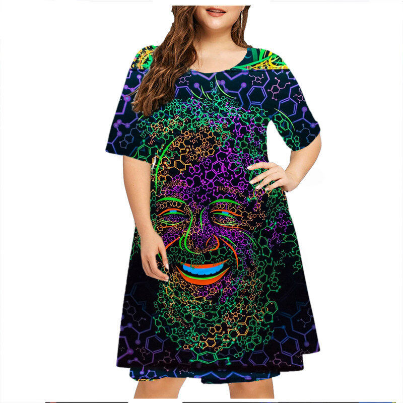 Abstract Painting Butterfly 3D Print Dress Women Elegant Casual Short Sleeve Loose Dress Summer Fashion Clothing Plus Size Dress