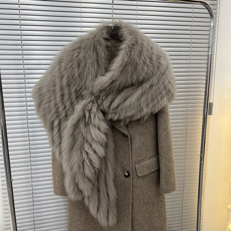 Abrigo de lana de doble cara para mujer, gabardina de lana de Cachemira con cuello de chal de piel de zorro de lujo, alta gama, 2023