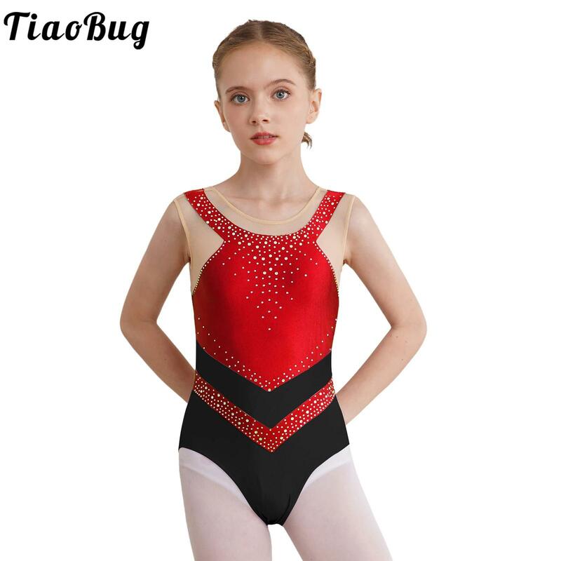 Детский гимнастический трико для девочек, костюм для выступлений, блестящий сетчатый комбидресс без рукавов