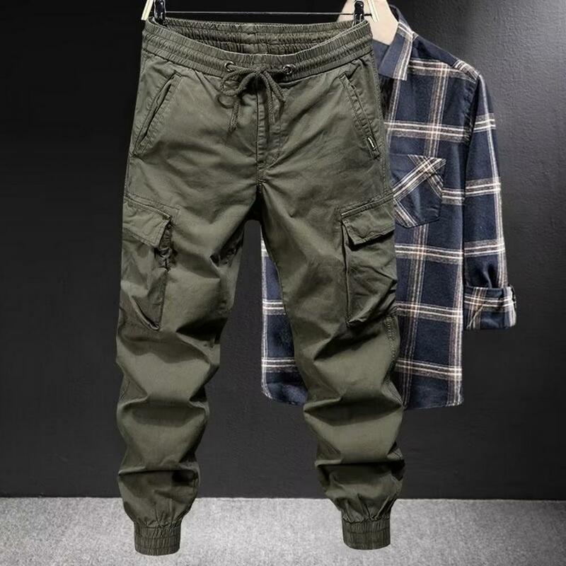 Loose Straight Pants Men's Drawstring Cargo Pants with Elastic Waist Multi Pockets Ankle-banded Design for Daily Sports