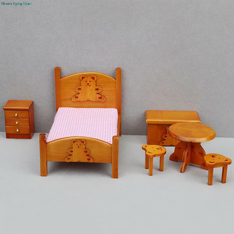 Dollhouse Little Bear Bed Set, Dollhouse Móveis Decorações, Acessórios para quartos infantis, 1 conjunto, 12