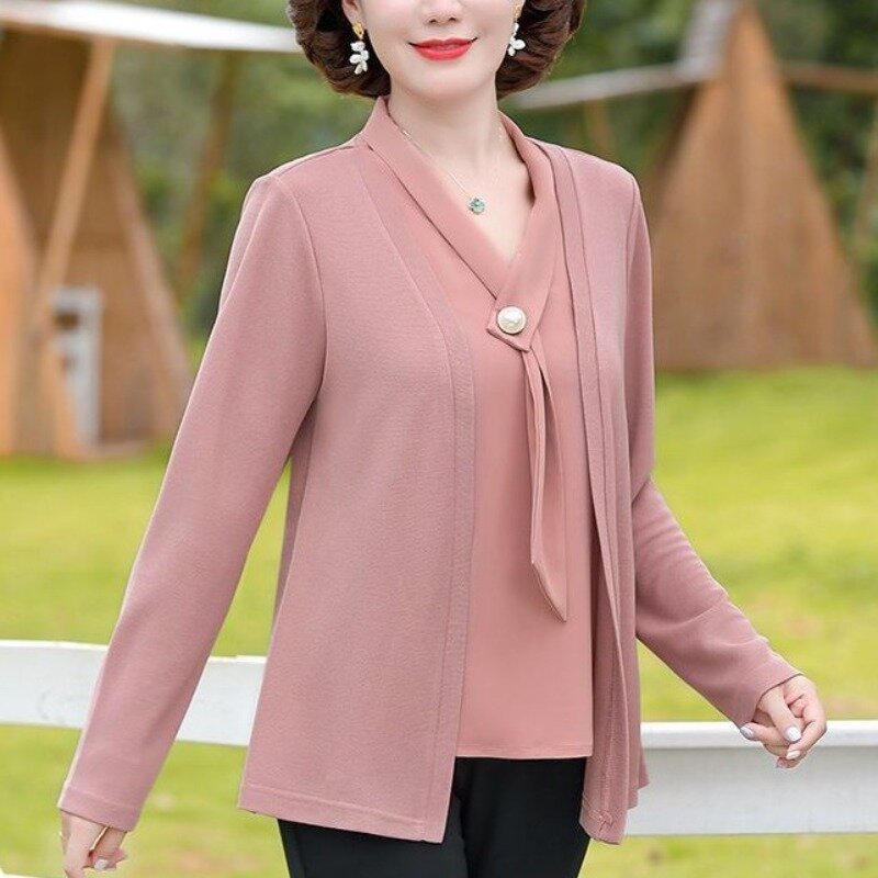 Fashion Spliced Fake Two Pieces Women's Spring Autumn New Commuting Solid Color V-neck Long Sleeved Pullover Loose T-shirts Tops
