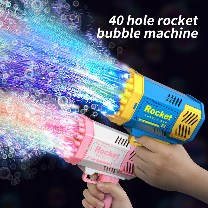 Lanzador de cohete portátil para niños, pistola de burbujas eléctrica automática, luz LED, 40 agujeros, un paquete