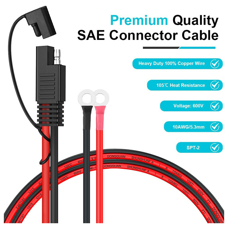 Extractme-SAE Quick Release Connector to O-Ring Terminal Harness, Cabo do carregador de bateria, 10AWG, 15A Fusível, 2 Pin