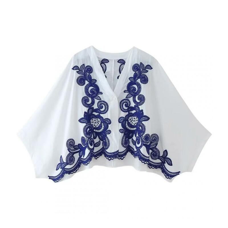 Women Floral Embroidered Bat Sleeve Shirt White V Neck Button Printing Blouse Casual Spring Fashion Long Sleeve Work Blouse