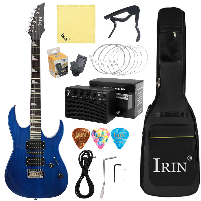 Irin-maple-エレキギター,ケース付き,フレットネック,ブルー,ブラック,6弦,チューナー,ケープピック,クリーニングクロス