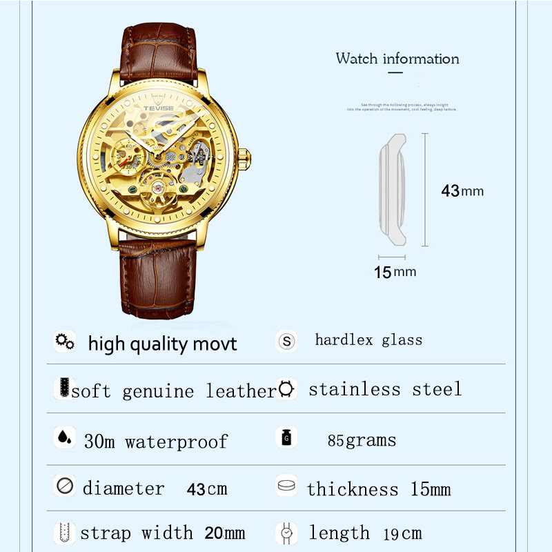 3D Skeleton Mechanical Watch for Men Tourbillon Automatic Mens Watches Business Wristwatch Waterproof Gold Relogio Masculino New