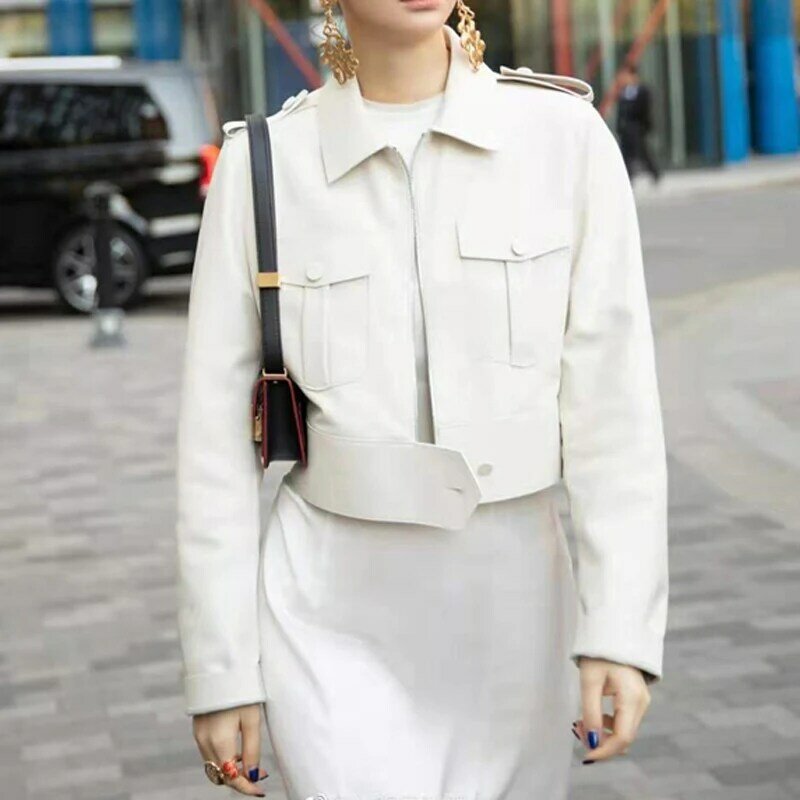 เสื้อแจ็กเก็ตหนังสำหรับผู้หญิงเสื้อผ้าสั้น MODE Korea ใส่ขี่มอเตอร์ไซค์แบบผง100% ใส่ขี่2024ฤดูหนาว