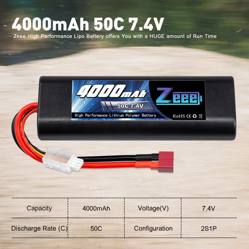 Zeee-Bateria Lipo com Deans Plug Hardcase, 7.4V, 50C, 4000mAh, 2S, RC Car, Caminhão, Helicóptero, Avião, RC Hobby Parts