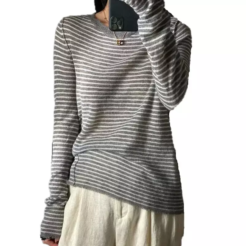 Suéter de cachemira de punto con flecos de cuello redondo para mujer, suéter de base de lana fina, suéter suelto, productos europeos, Otoño e Invierno