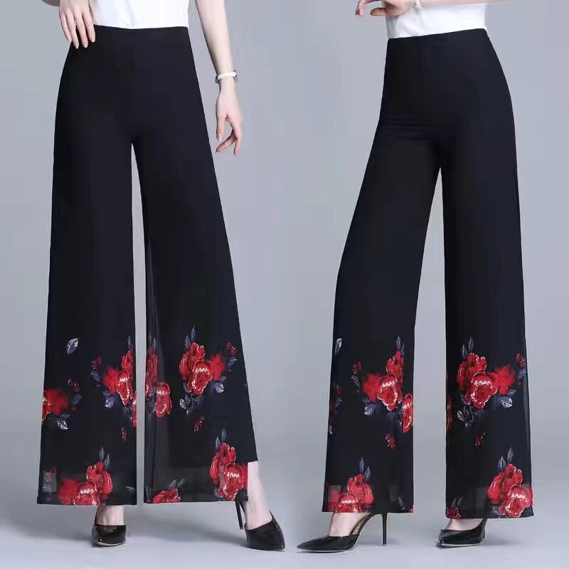 Double Layer Printed Chiffon Wide Leg Pants For Women SummerNew High Waisted Loose Dance Swing Pants Drooping Skirt Female Pants