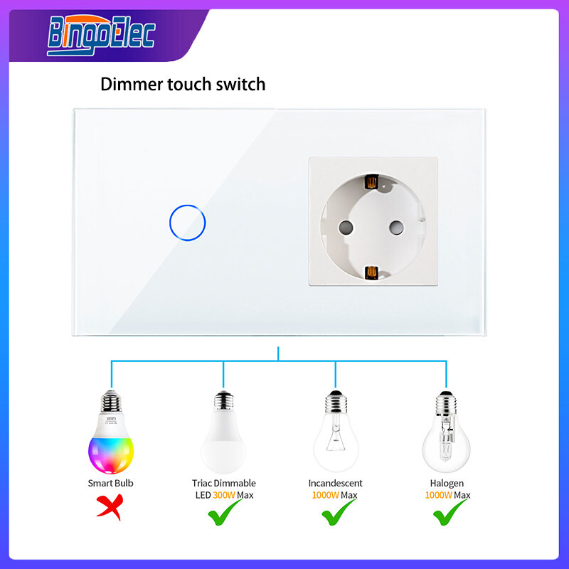 Bingoelec-interruptores de luz LED, atenuador de 1 entrada y 2 vías con enchufes de alimentación de pared, interruptores táctiles de pared regulables de cristal, estándar de la UE, 16A
