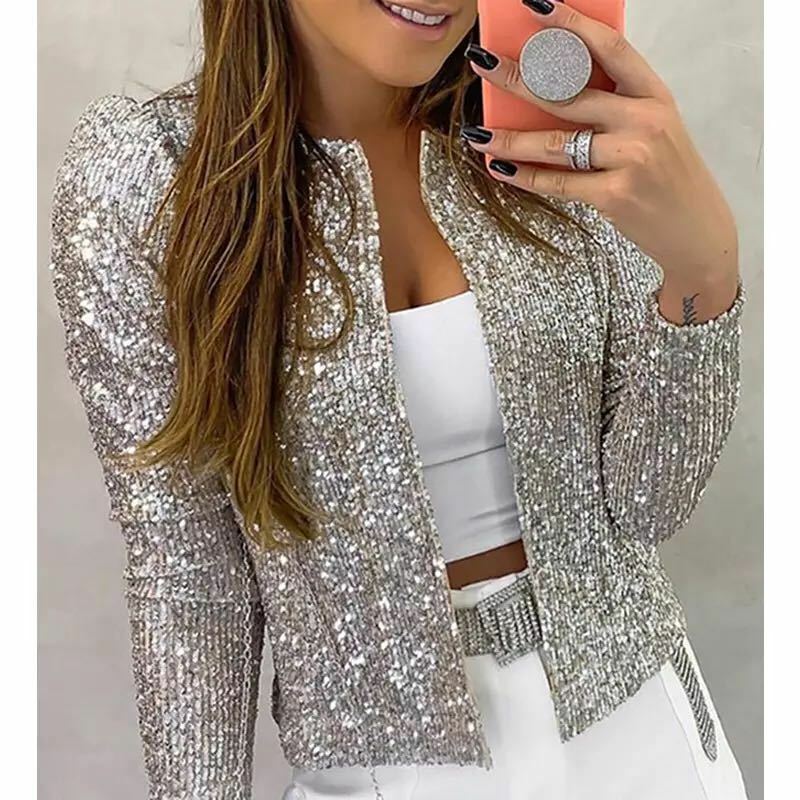 Jaket wanita payet Glitter, pakaian kantor wanita atasan polos elegan, mantel pendek Streetwear Glitter lengan panjang