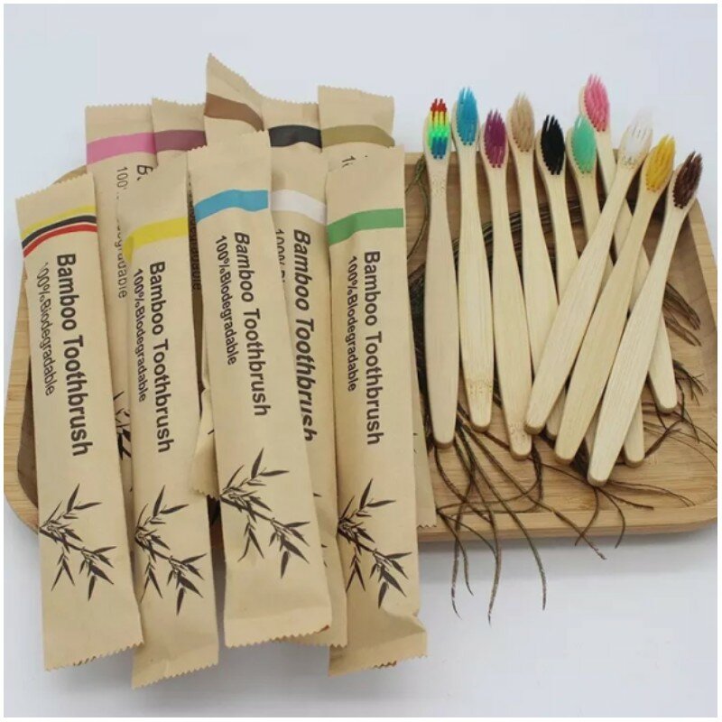 Cepillo de dientes de bambú Natural para adultos, 10 piezas, desechable, Biodegradable, respetuoso con el medio ambiente, suave, colorido