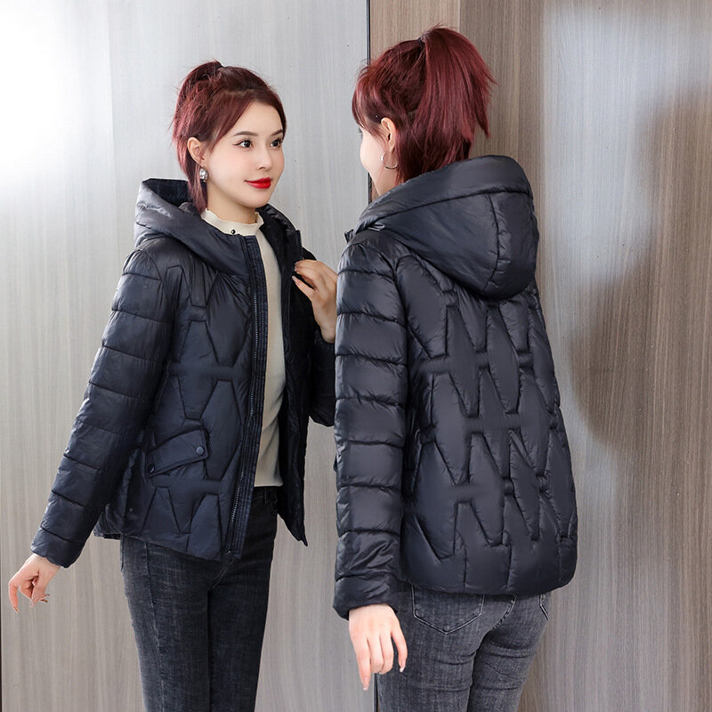 Casaco curto e leve com capuz acolchoado de algodão feminino, casaco quente que tudo mistura, novo estilo coreano, 2024