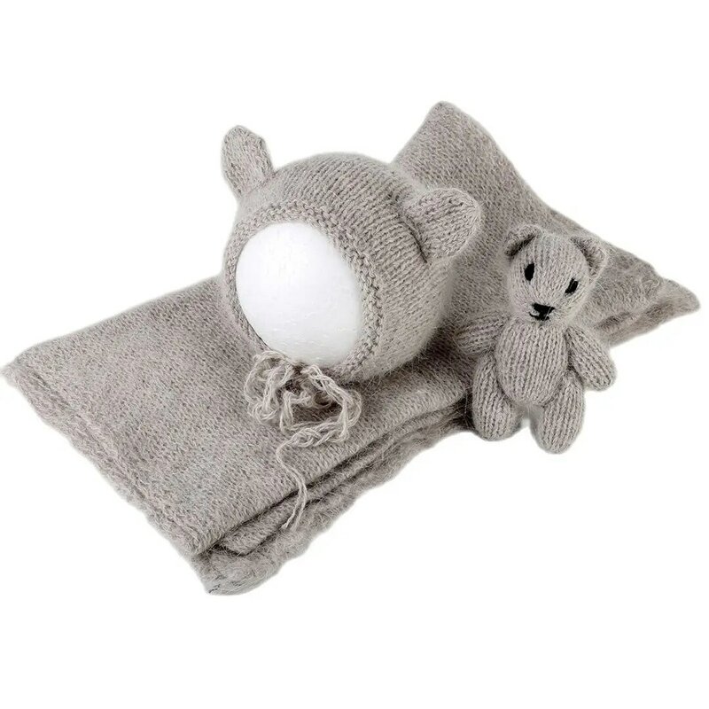 Angora Jersey Melar Bayi Baru Lahir Abu-abu Terang Bungkus Rajut dengan Set Mainan Bonnet Beruang Teddy Properti Fotografi Mainan Topi Sweater Bayi Antik
