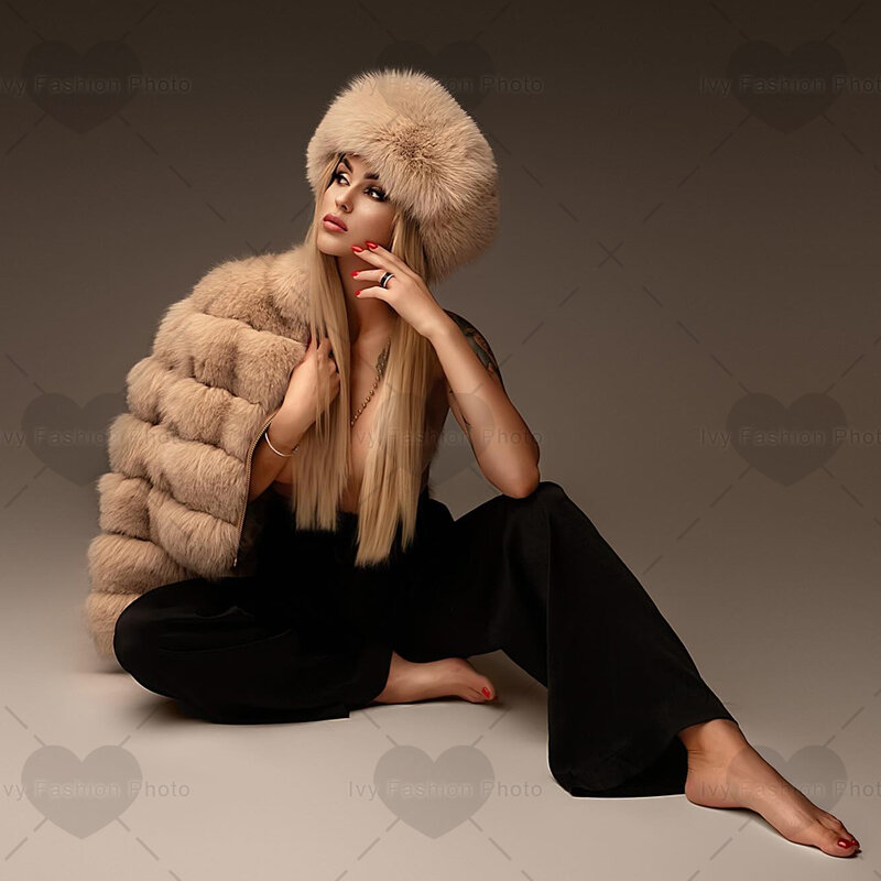 Odzież do zdjęć ciążowe luksusowe futro imitacja futra lisa krótki płaszcz damski futrzany kapelusz sesja zdjęciowa fotografia dla kobiet