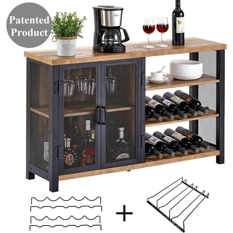 BON AUGURE Industrial Bar Cabinet for Liquor and Glasses, Rustic Wine Cabinet with Doors, Farmhouse Coffee Bar