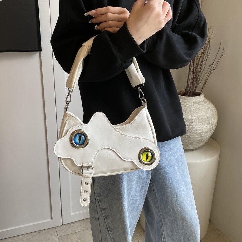 Bolso de hombro con diseño de media luna para mujer, bandolera de cuero Pu, Original, ojo de pez, negro, creativo