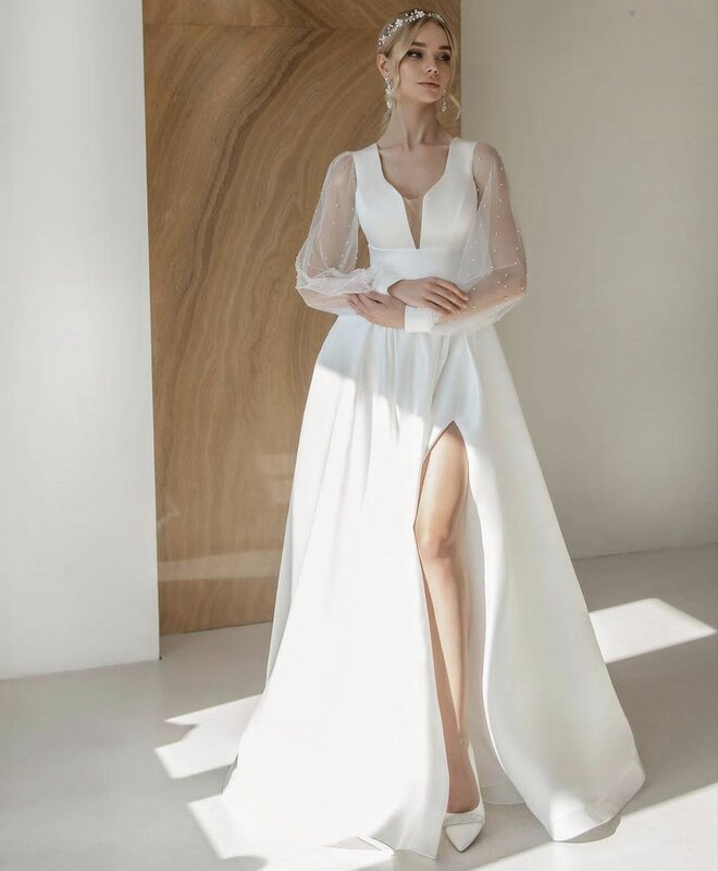 Elegant Long Sleeve Wedding Dress Side Slit A-Line Floor Length Stunning Organza Tulle With Pearls Bridal Gowns Elegant Women