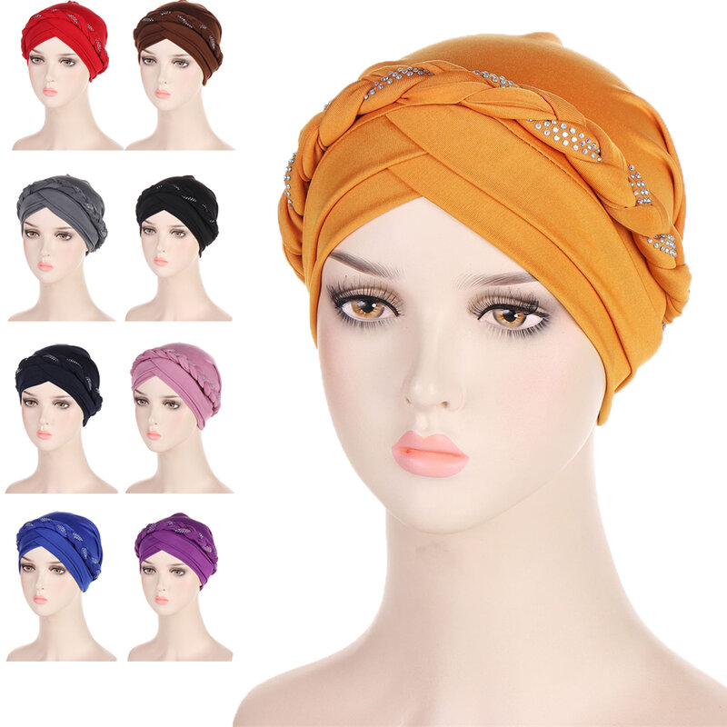 Mulheres muçulmanas bonés internos trançado bandanas hijab conforto moda turbante chapéu colorido cruz nó quimio chapéus cabeça vestindo turbante