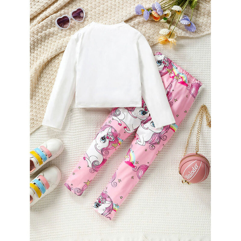 2-7 anni ragazze New Casual Unicorn Print Top e pantaloni a maniche lunghe Set di due pezzi Set di abbigliamento regalo di compleanno per ragazza