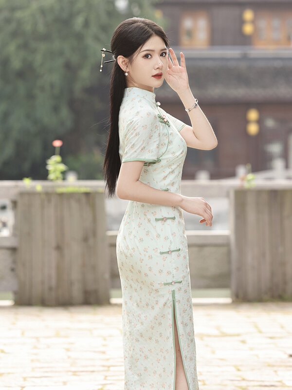 2024 Vrouwen Groene Cheongsam Plus Size High-End Jurk Qipao Chinese Traditionele Lange Avondjurken Feest Trouwkostuum