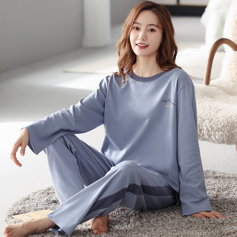 Women Cotton Pajamas Plus size Pyamas Sleepwear Nightclothes Long Sleeved Shirt And Trousers Solid Color Casual Smooth